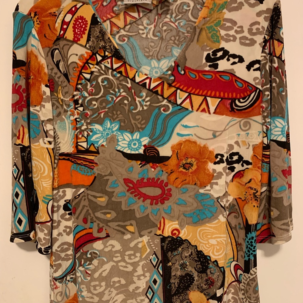 VTG CHICO’S Travelers Colorful V-Neck Fall Abstract Slinky Top, Sz. 1